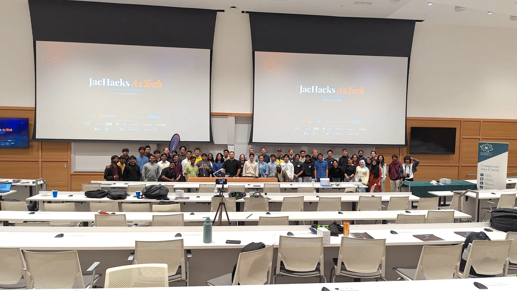 Full room group photo at JacHacks A2Tech